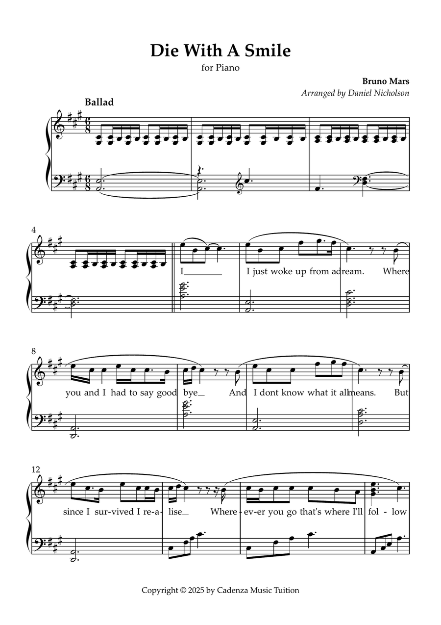 Die With A Smile Die With A Smile Piano Solo scores gallery preview page 1