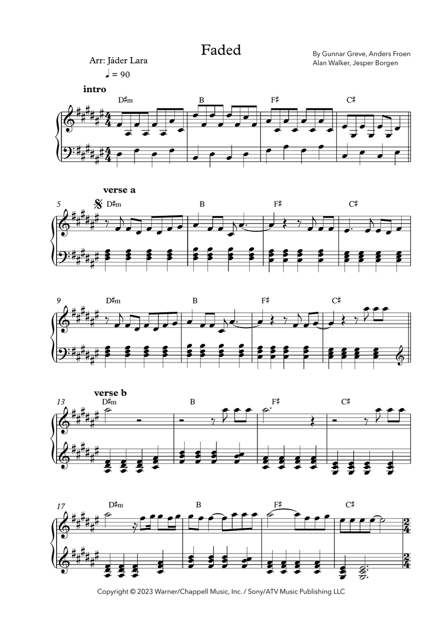 Faded Piano Solo scores gallery preview page 1