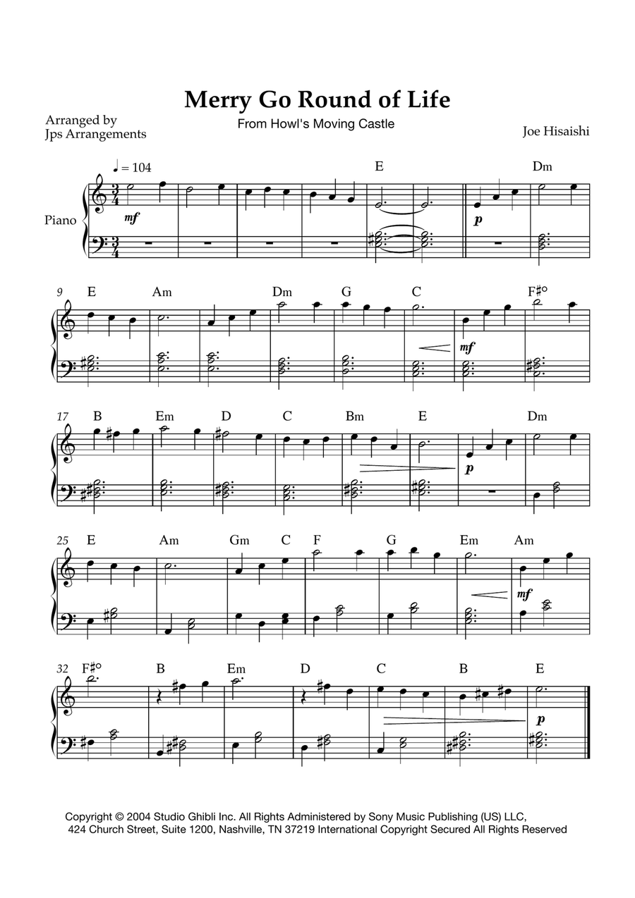 Merry-Go-Round Of Life Easy Piano scores gallery preview page 1