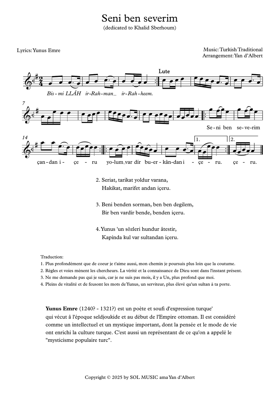 Seni Ben Severim (Original Turkish Modus - Arr.: Yan d'Albert) Chamber Music scores gallery preview page 1