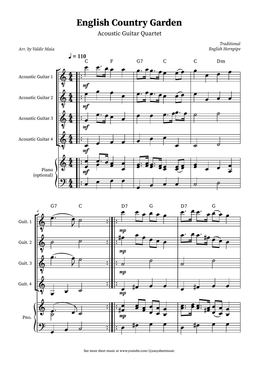 English Country Garden – Guitar Quartet Sheet Music (with Optional Piano and Chords) Piano Quartet scores gallery preview page 1