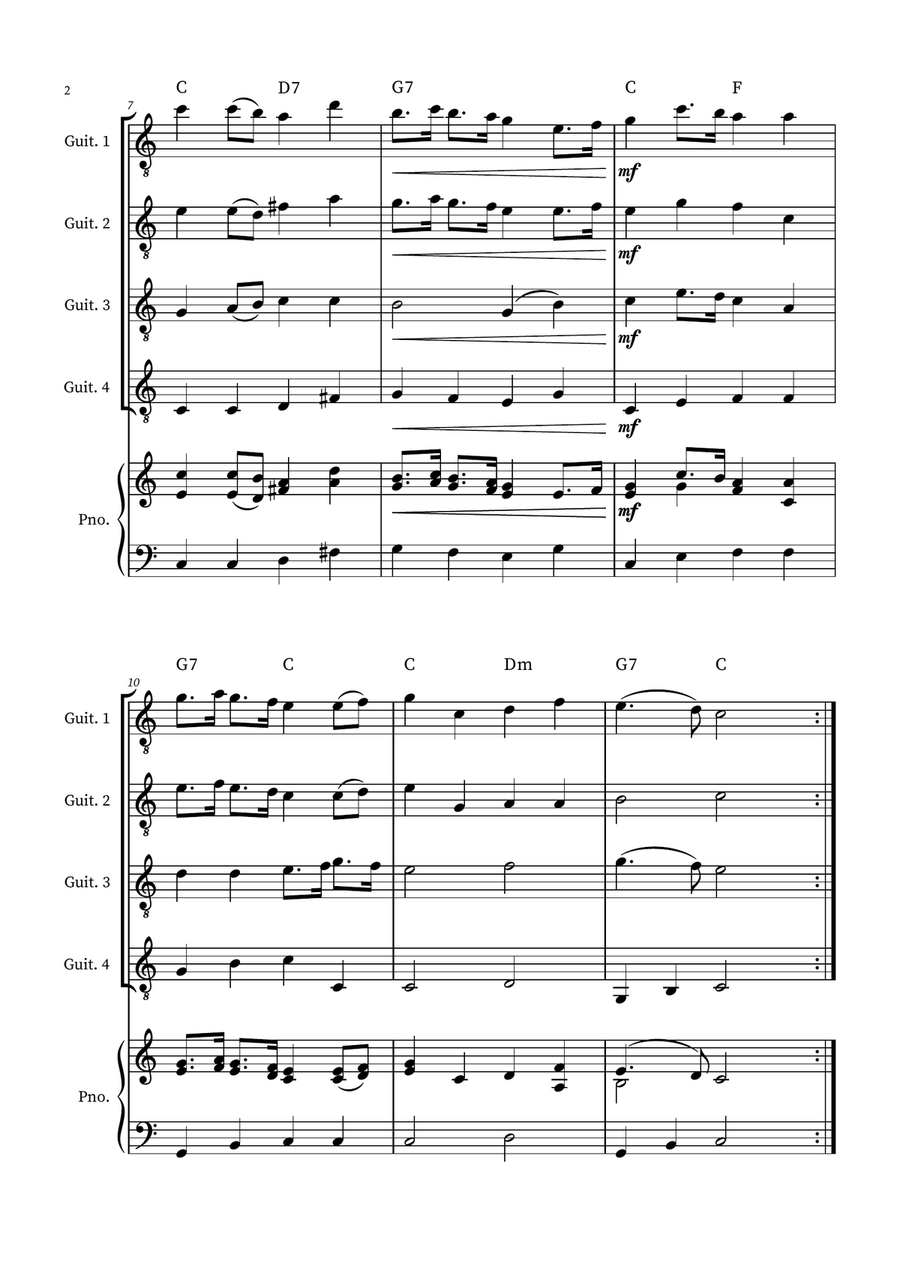English Country Garden – Guitar Quartet Sheet Music (with Optional Piano and Chords) Piano Quartet scores gallery preview page 2
