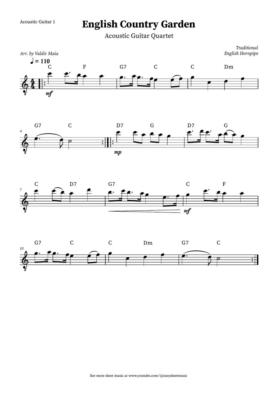 English Country Garden – Guitar Quartet Sheet Music (with Optional Piano and Chords) Piano Quartet scores gallery preview page 3