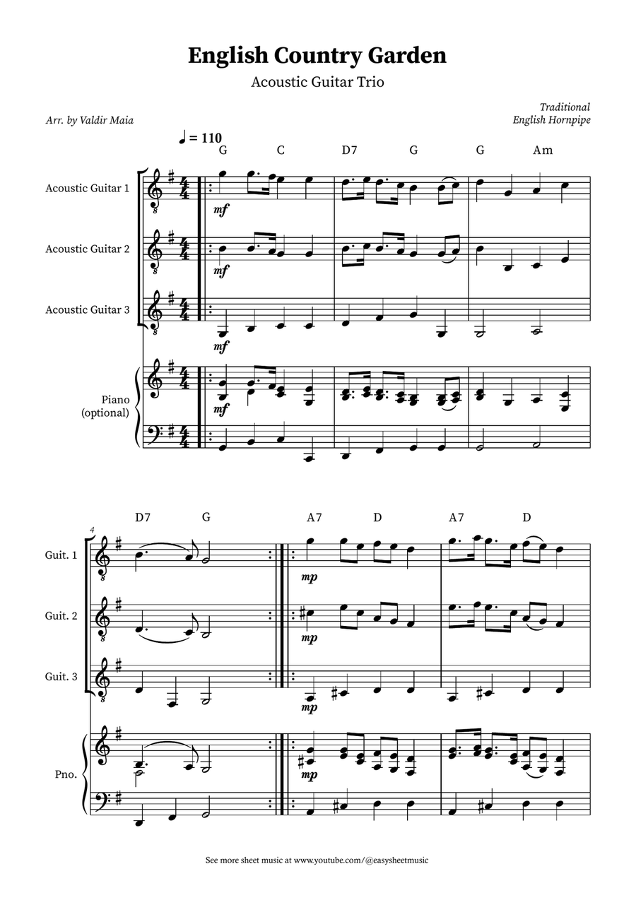 English Country Garden – Guitar Trio Sheet Music (with Optional Piano and Chords) Guitar Ensemble scores gallery preview page 1