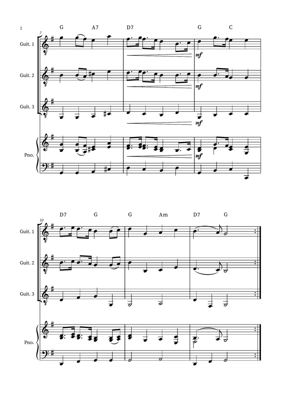English Country Garden – Guitar Trio Sheet Music (with Optional Piano and Chords) Guitar Ensemble scores gallery preview page 2
