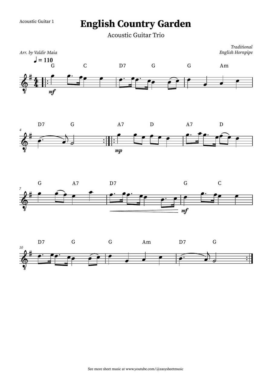 English Country Garden – Guitar Trio Sheet Music (with Optional Piano and Chords) Guitar Ensemble scores gallery preview page 3