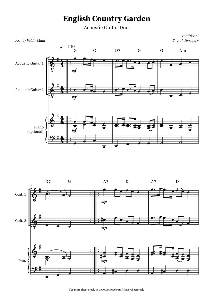 English Country Garden – Guitar Duet Sheet Music (with Optional Piano and Chords) Acoustic Guitar scores gallery preview page 1