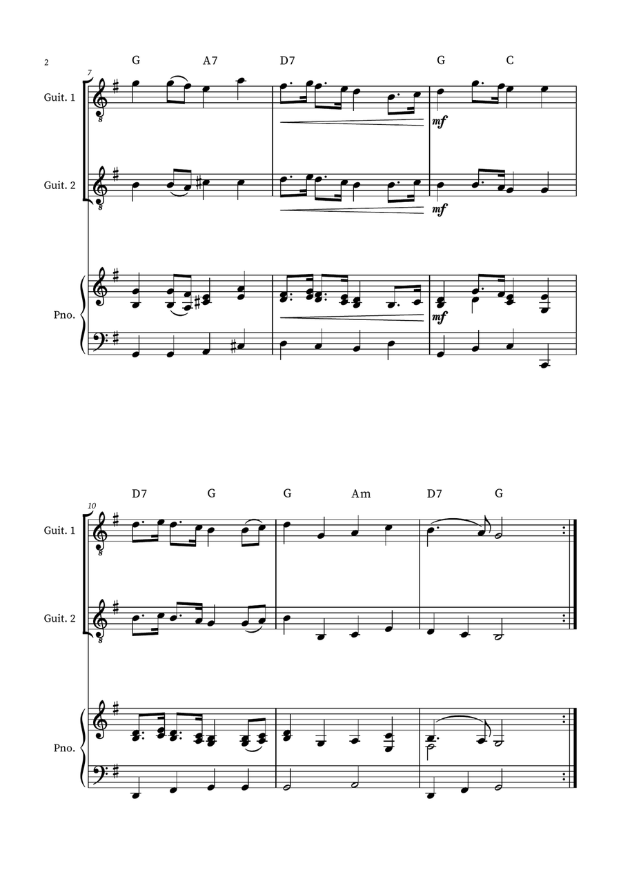 English Country Garden – Guitar Duet Sheet Music (with Optional Piano and Chords) Acoustic Guitar scores gallery preview page 2