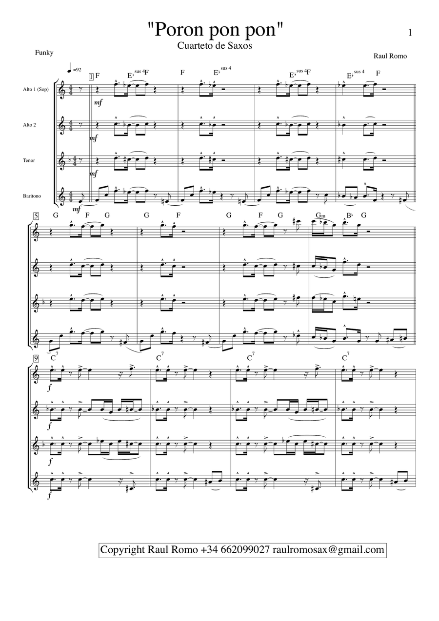 Poron pon pon - FUNKY SAX QUARTET Saxophone Quartet scores gallery preview page 1