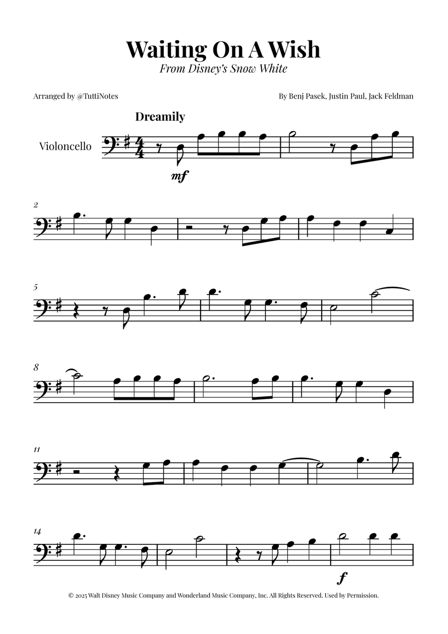 Waiting On A Wish Cello Solo scores gallery preview page 1