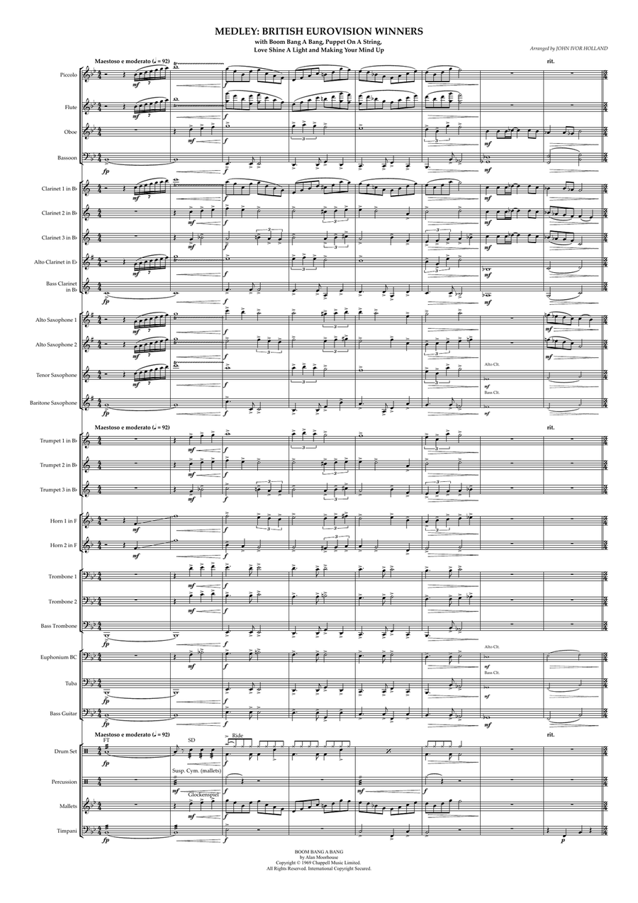 Medley: Boom Bang A Bang with Puppet On A String, Love Shine A Light, and Making Your Mind Up Concert Band scores gallery preview page 1