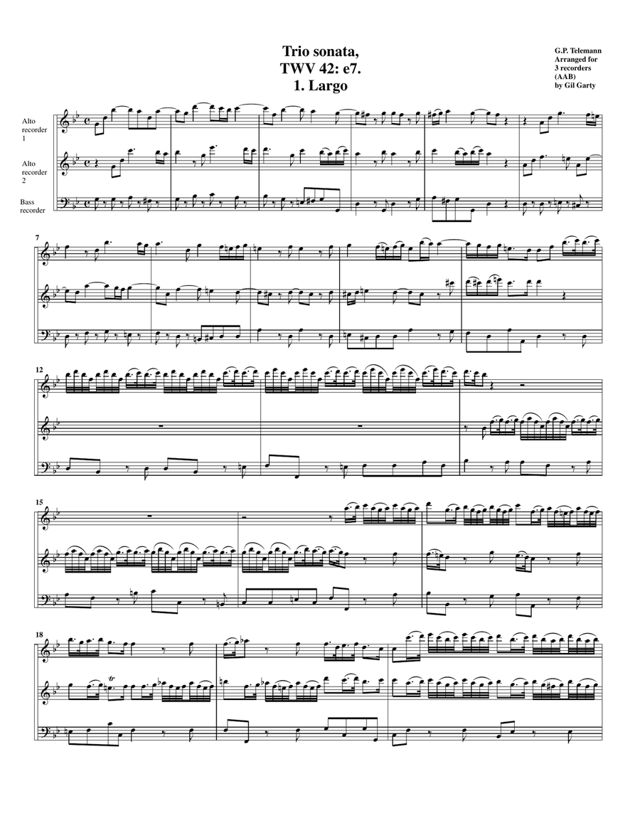 Trio sonata TWV 42 e7 (arrangement for 3 recorders (AAB)) Alto Recorder scores gallery preview page 2