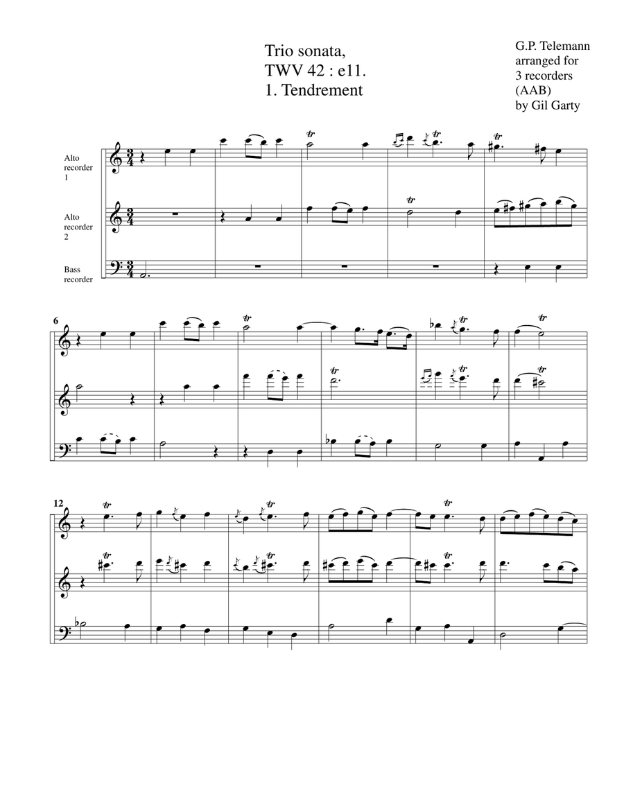 Trio sonata TWV 42 e11 (arrangement for 3 recorders (AAB)) Alto Recorder scores gallery preview page 2