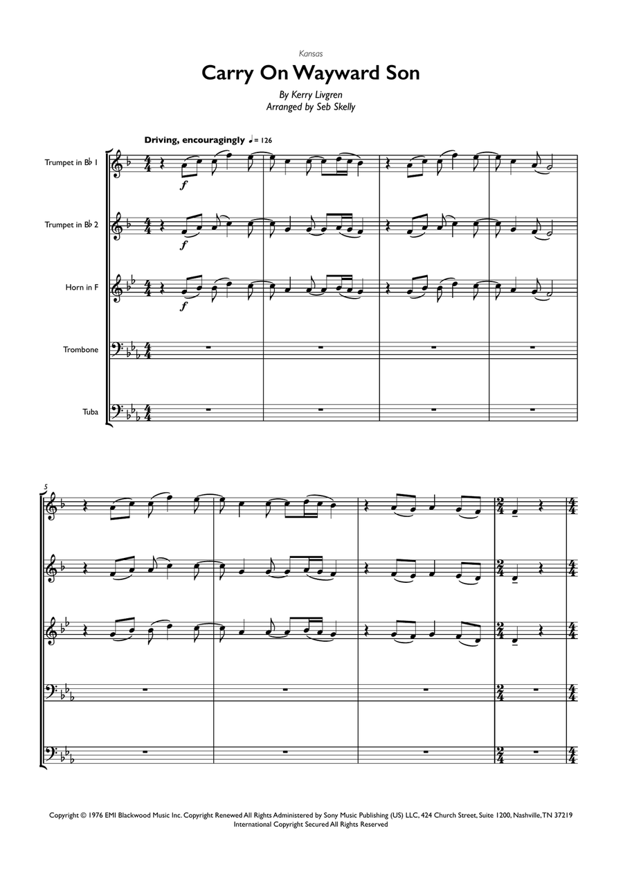 Carry On Wayward Son Carry On Wayward Son Brass Quintet scores gallery preview page 1