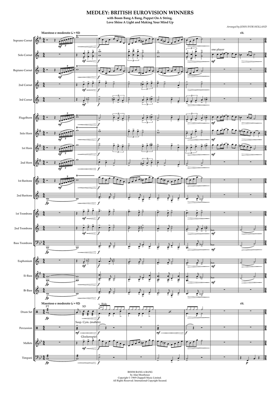 Medley: Boom Bang A Bang with Puppet On A String, Love Shine A Light, and Making Your Mind Up Brass Band scores gallery preview page 1