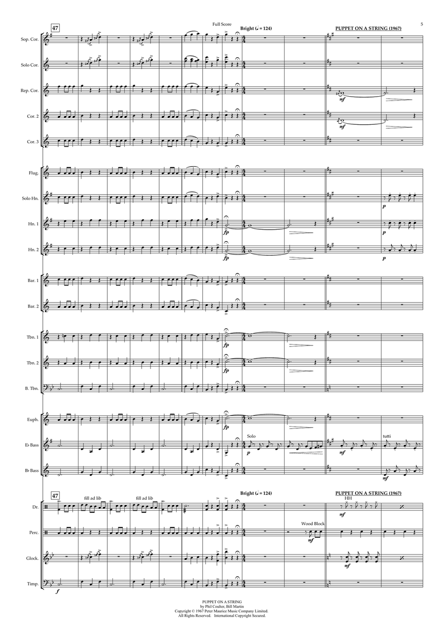 Medley: Boom Bang A Bang with Puppet On A String, Love Shine A Light, and Making Your Mind Up Brass Band scores gallery preview page 5