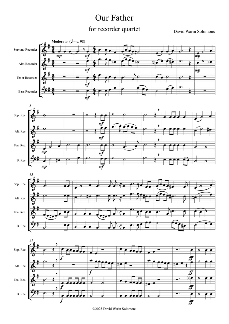 Our Father arranged for recorder quartet Soprano Recorder scores gallery preview page 1