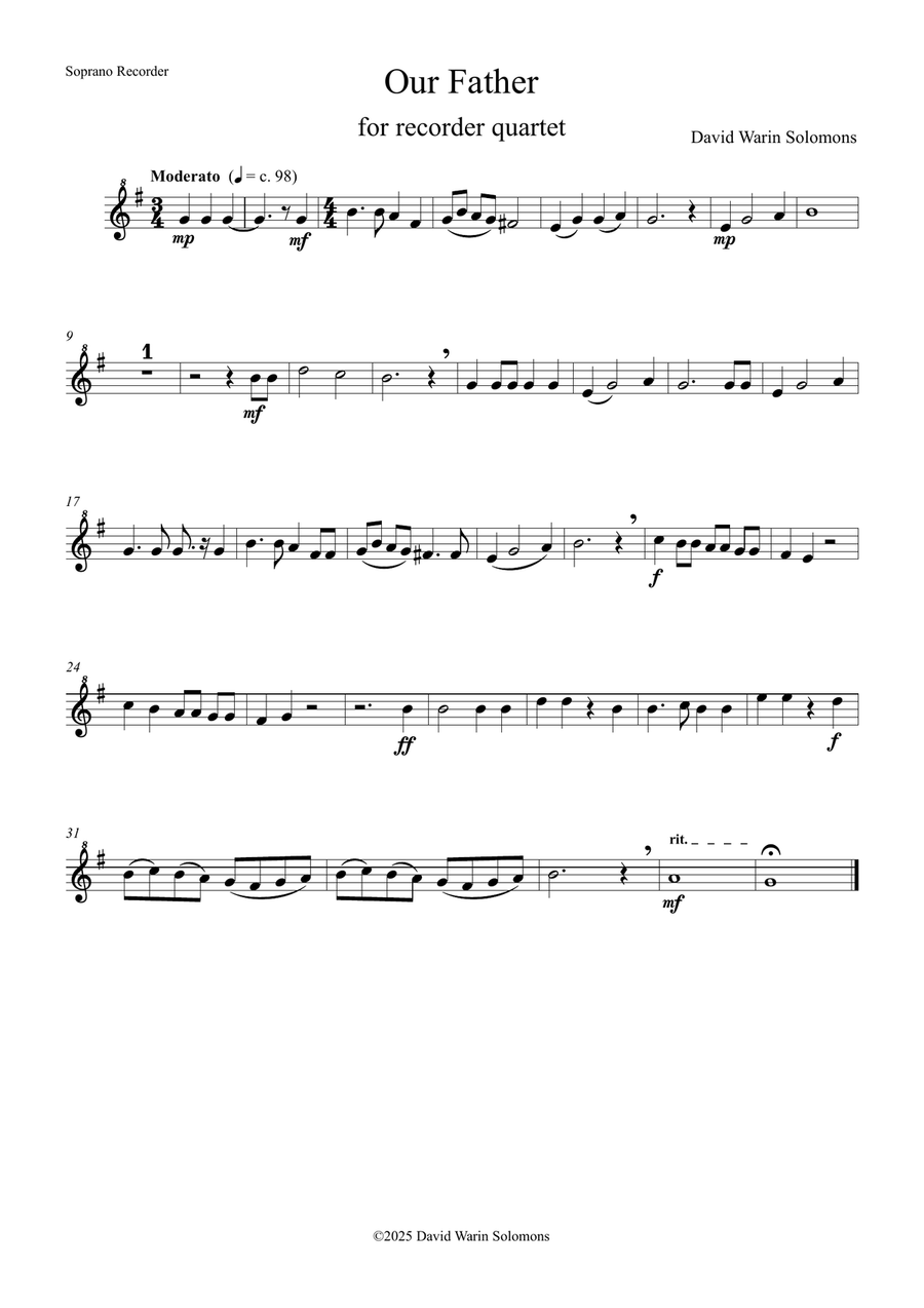Our Father arranged for recorder quartet Soprano Recorder scores gallery preview page 3