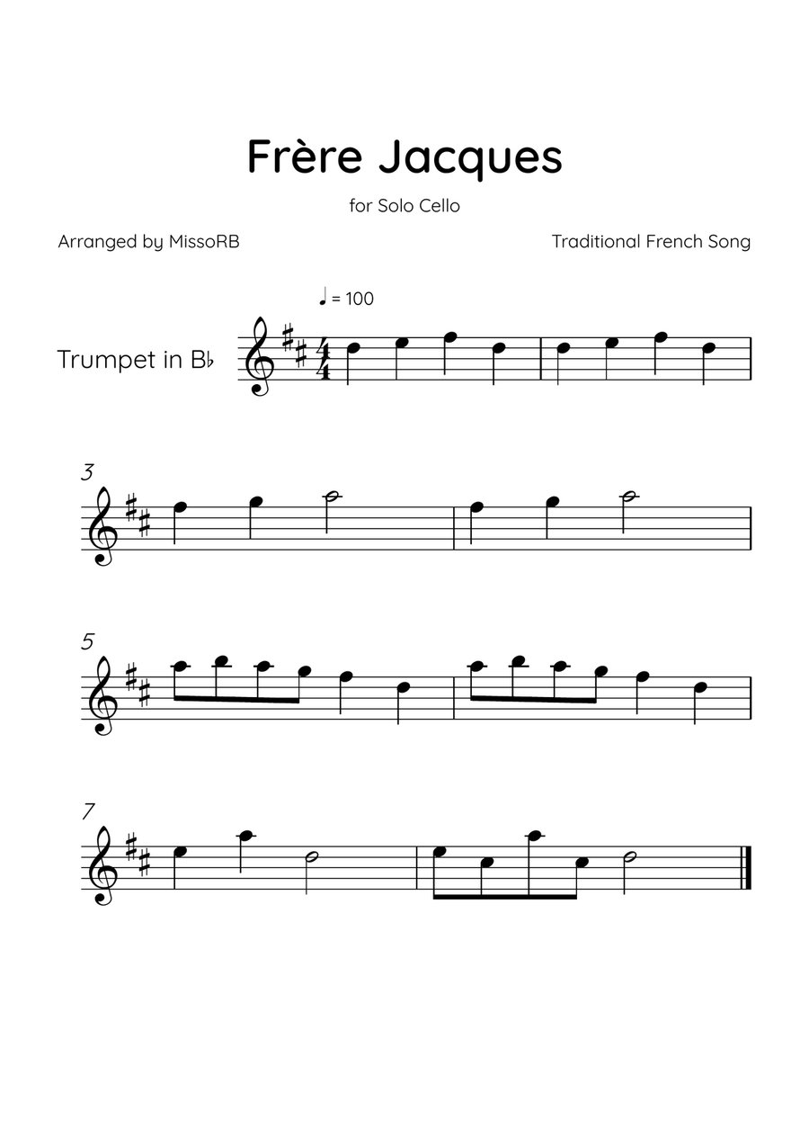 Frère Jacques - Solo Trumpet in C Major Easy/Beginner C Trumpet scores gallery preview page 1
