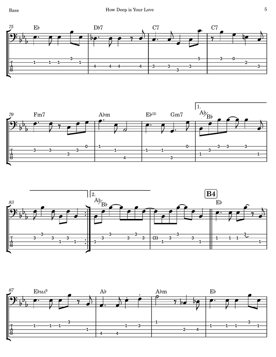 How Deep is Your Love How Deep is Your Love Bass Guitar Tablature scores gallery preview page 5