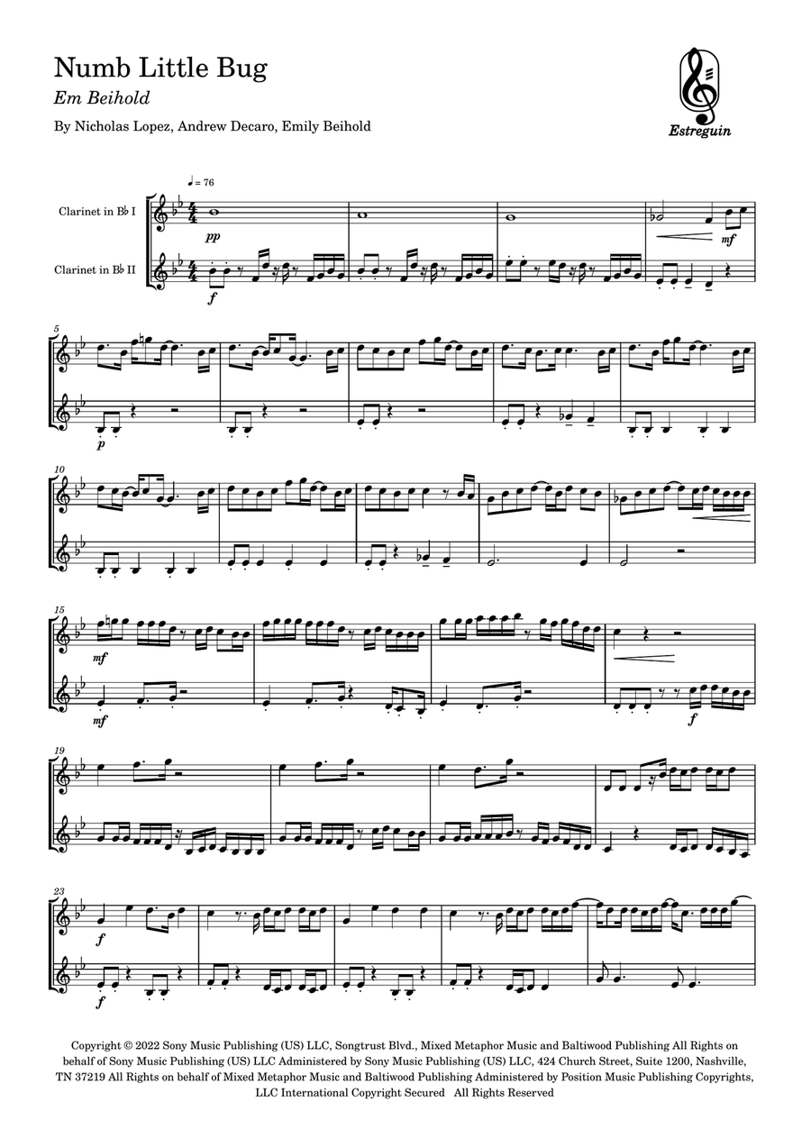Numb Little Bug Clarinet Duet scores gallery preview page 1