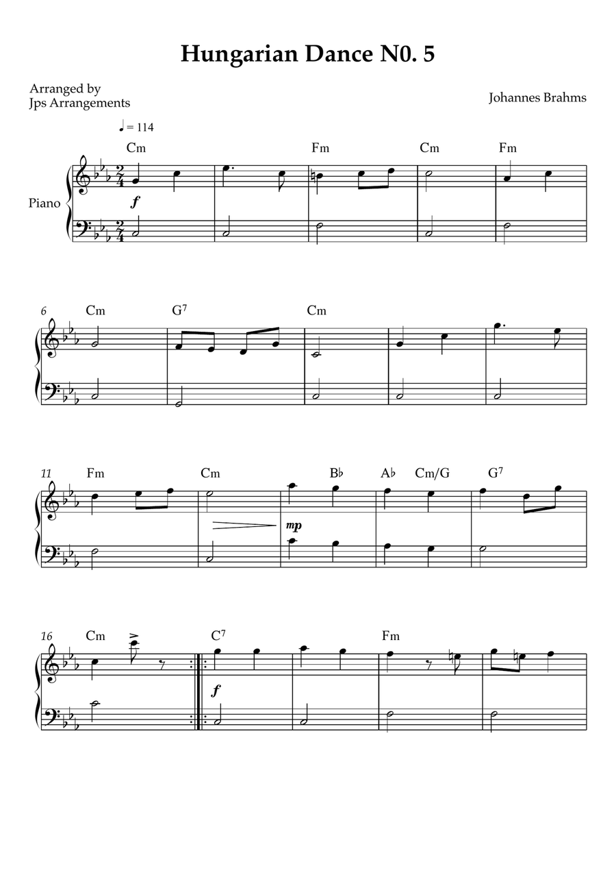 Hungarian Dance No. 5 – Easy Piano (Key of Am) Easy Piano scores gallery preview page 1