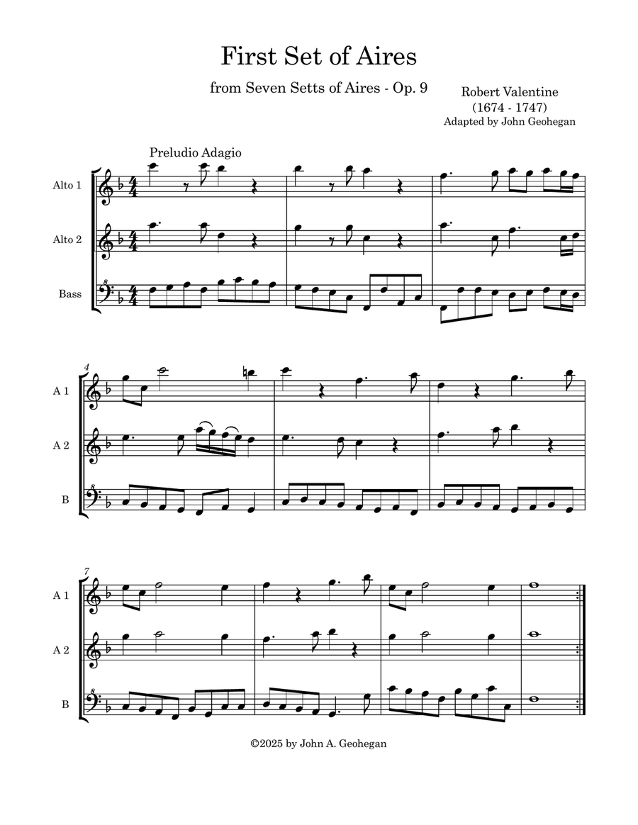 Four Robert Valentine Trio Sonatas for AAB Recorders Recorder scores gallery preview page 3