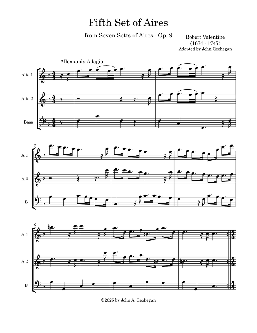 Three Robert Valentine Trio Sonatas for AAB Recorders Recorder scores gallery preview page 3