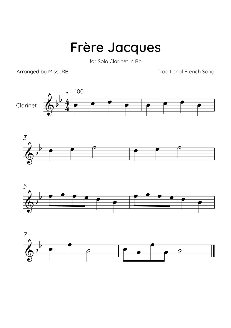 Frère Jacques - Solo Piano in Ab Major Easy/Beginner Bass Clarinet scores gallery preview page 1