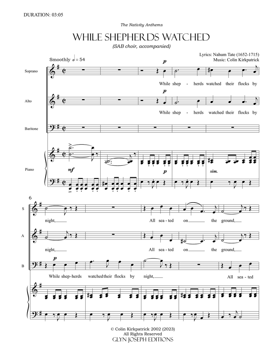 While Shepherds Watched (SAB choir and piano) 3-Part scores gallery preview page 2