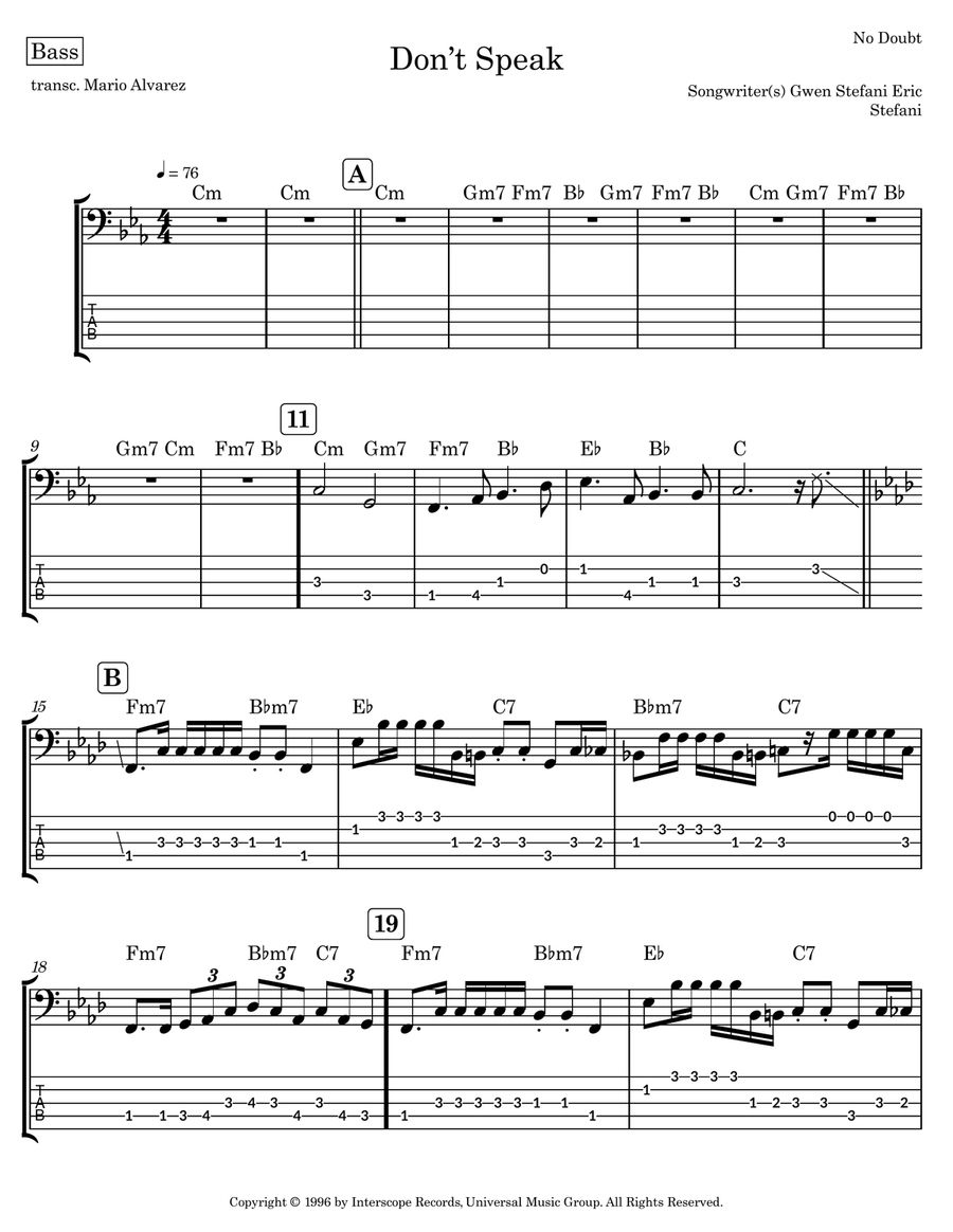 Don't Speak Don't Speak Bass Guitar Tablature scores gallery preview page 1