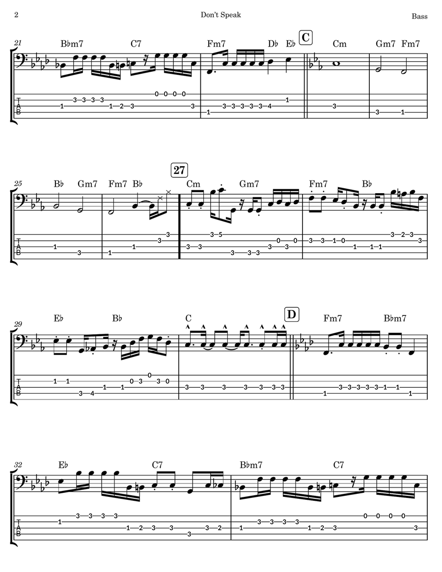 Don't Speak Don't Speak Bass Guitar Tablature scores gallery preview page 2