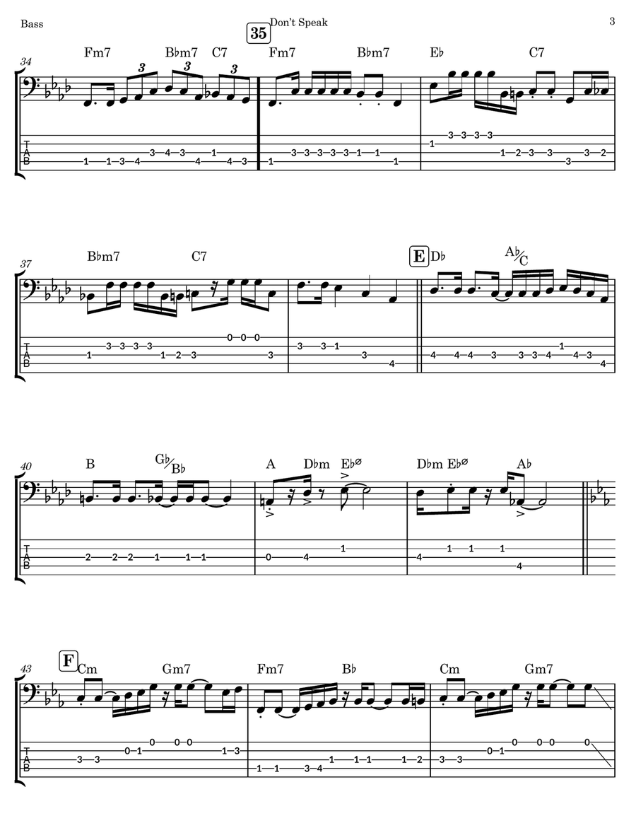 Don't Speak Don't Speak Bass Guitar Tablature scores gallery preview page 3
