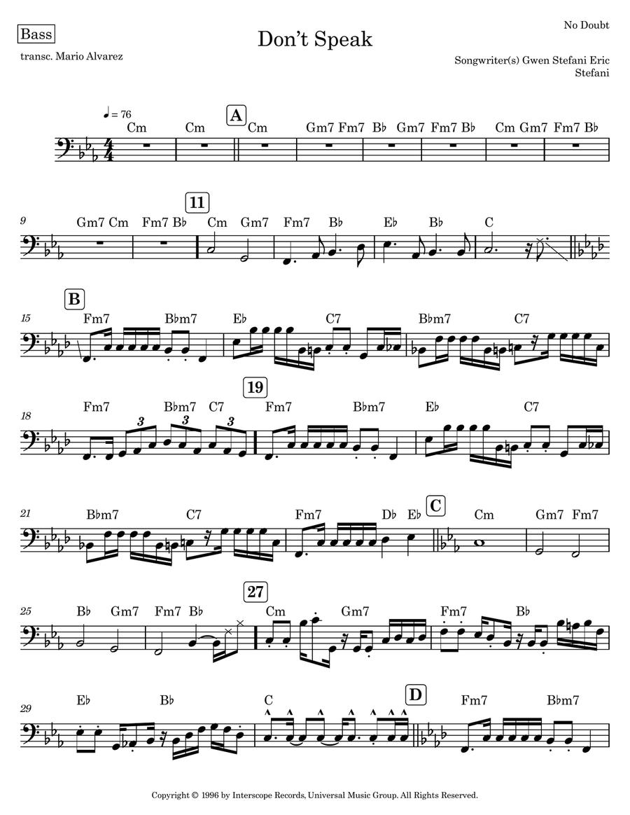 Don't Speak Don't Speak Bass Guitar Tablature scores gallery preview page 6