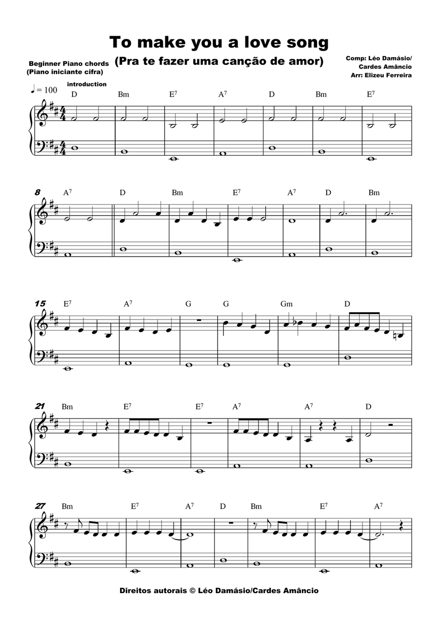To make you a love song (Pra te fazer uma canção de amor) Easy Piano scores gallery preview page 1