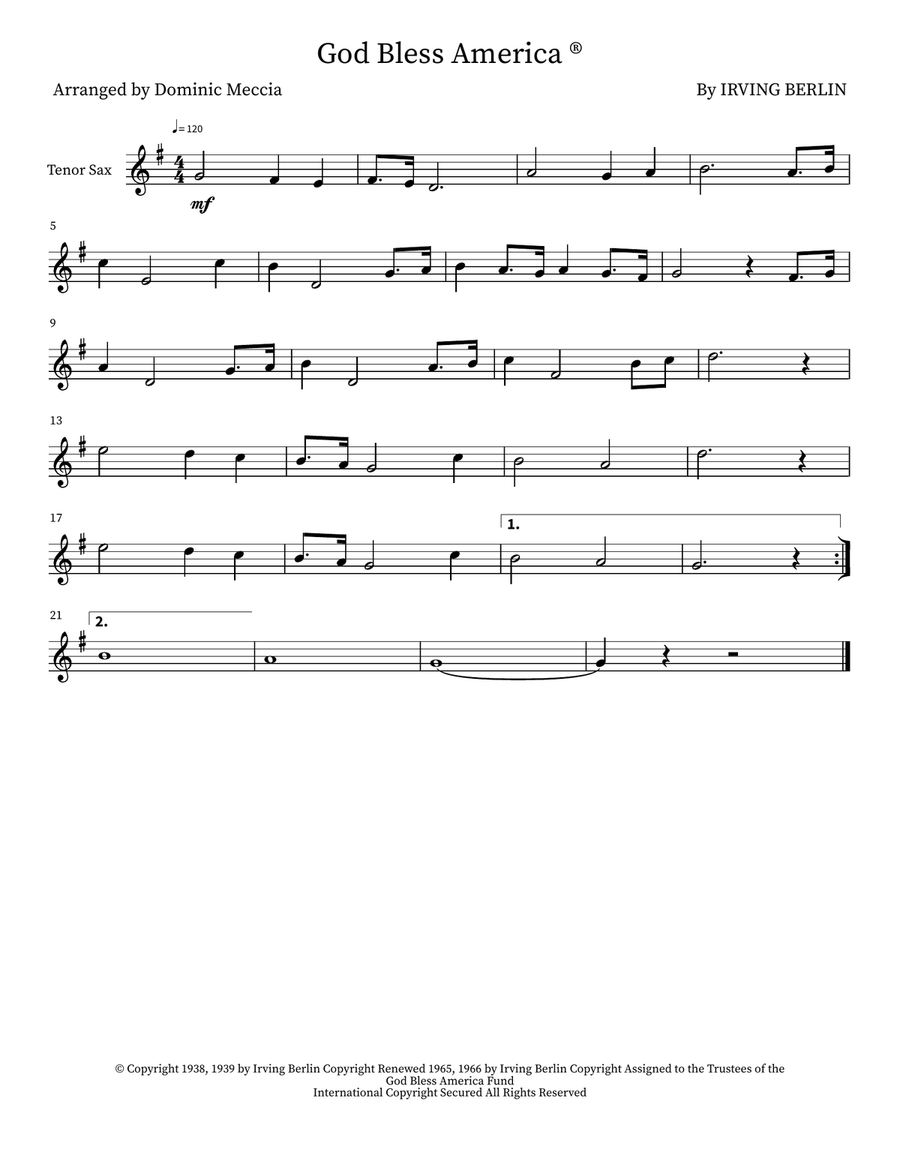 God Bless America ® God Bless America ® Tenor Saxophone scores gallery preview page 1