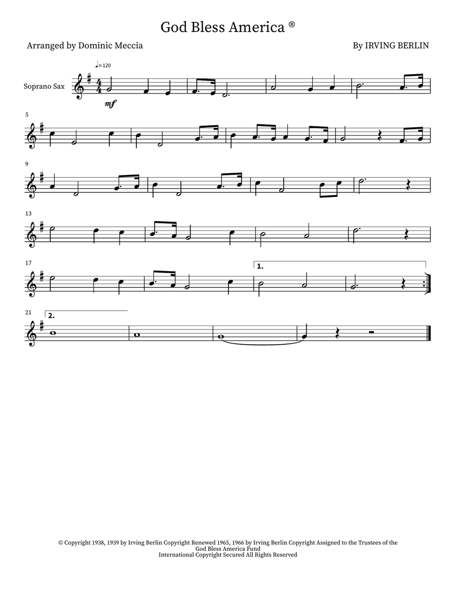God Bless America ® God Bless America ® Soprano Saxophone scores gallery preview page 1
