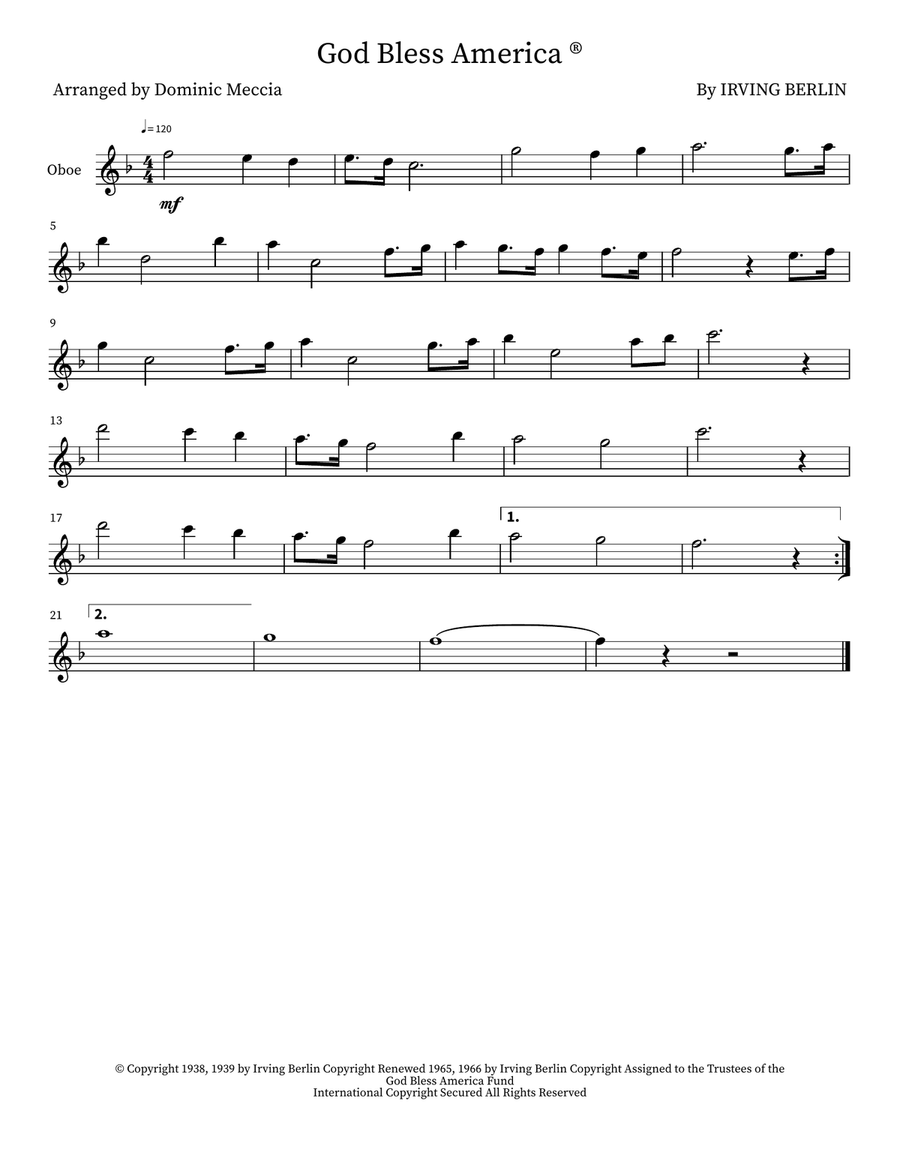 God Bless America ® God Bless America ® Oboe Solo scores gallery preview page 1