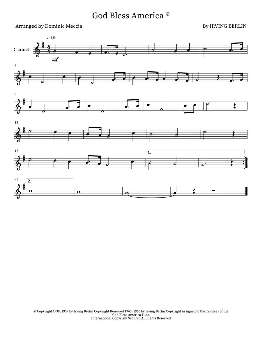God Bless America ® God Bless America ® Clarinet Solo scores gallery preview page 1