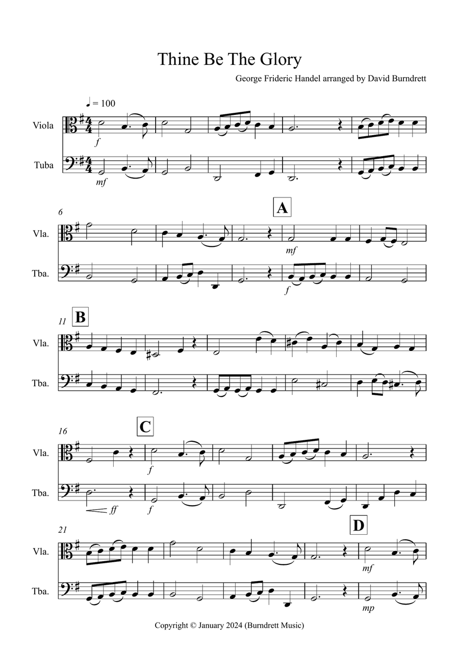 Thine Be The Glory for Viola and Tuba Duet Tuba scores gallery preview page 1