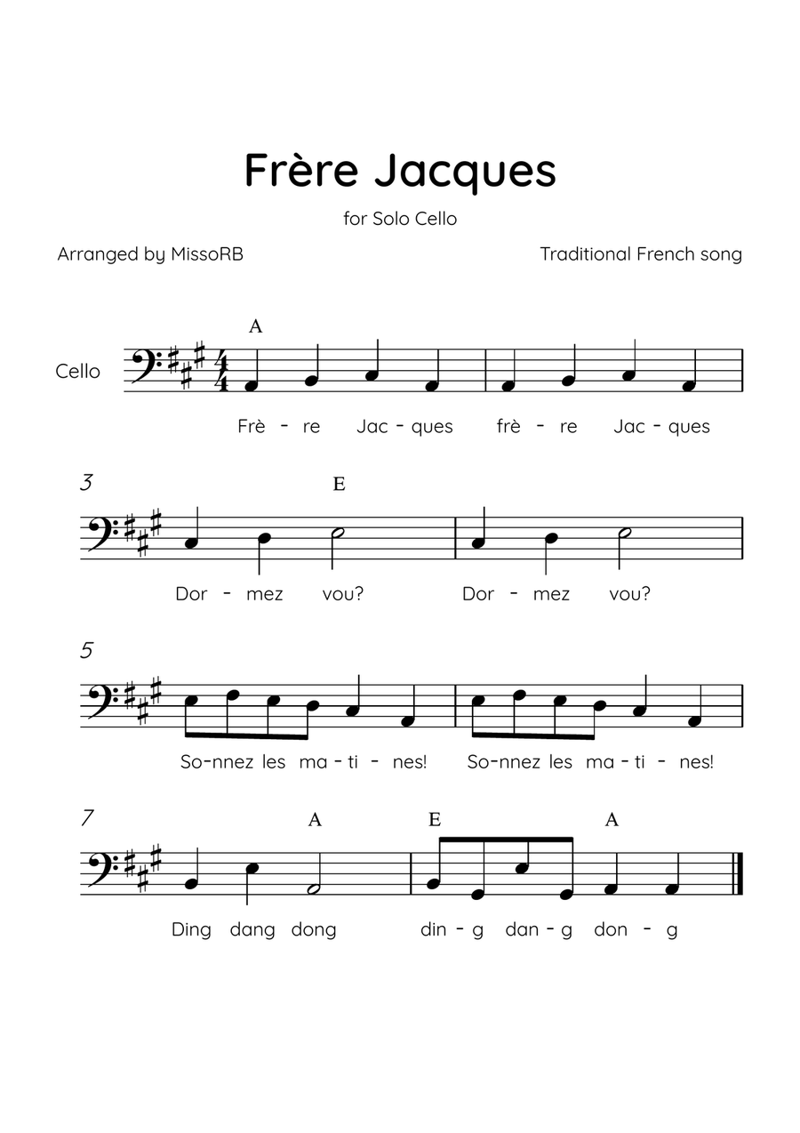 Frère Jacques - Solo Piano in A Major With Chords & Lyrics Piano Solo scores gallery preview page 1