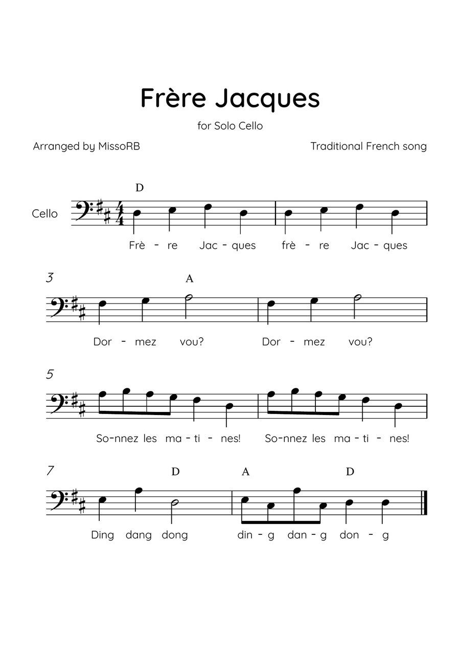 Frère Jacques - Solo Piano in D Major With Chords & Lyrics Piano Solo scores gallery preview page 1