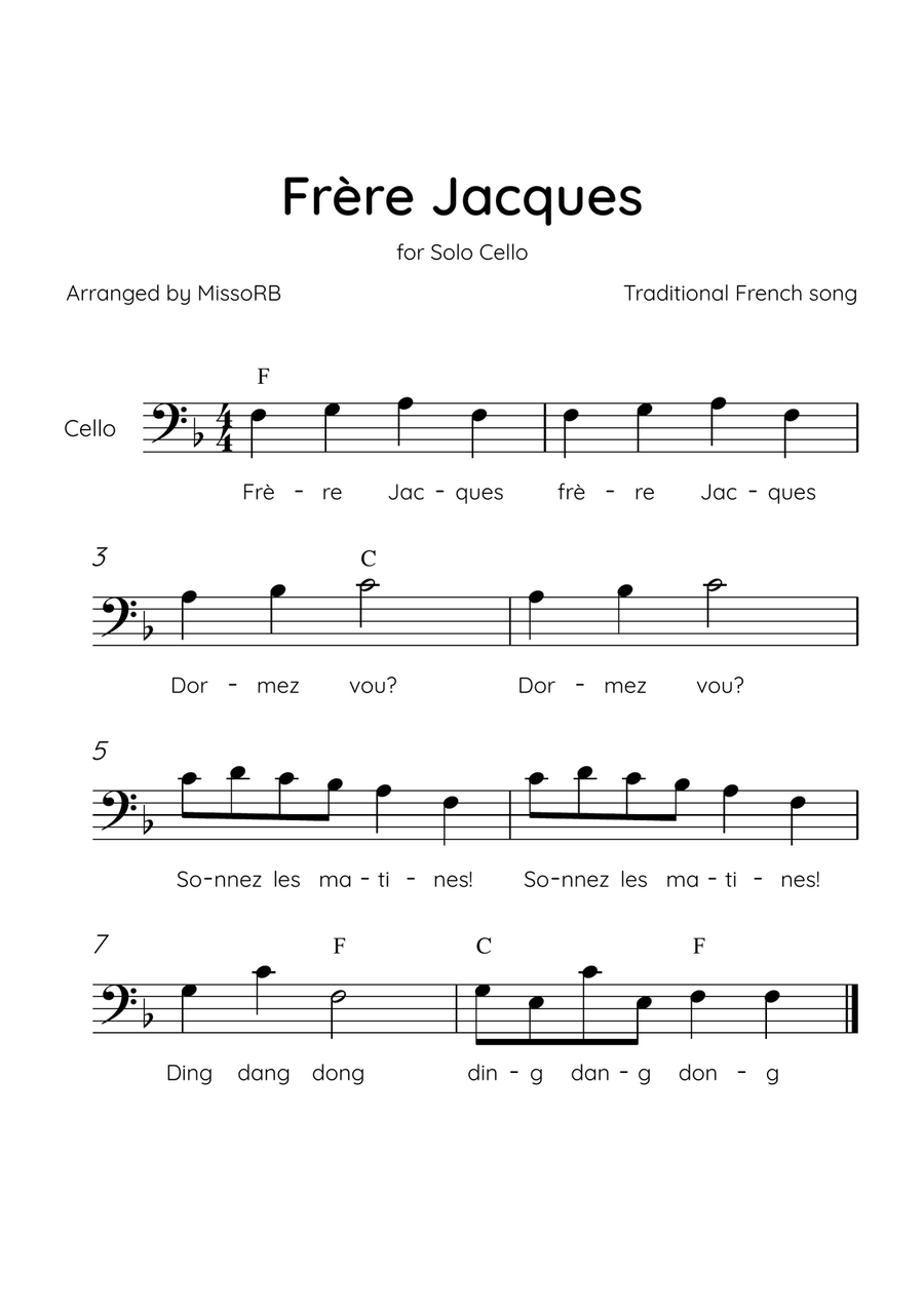 Frère Jacques - Solo Piano in F Major With Chords & Lyrics Piano Solo scores gallery preview page 1