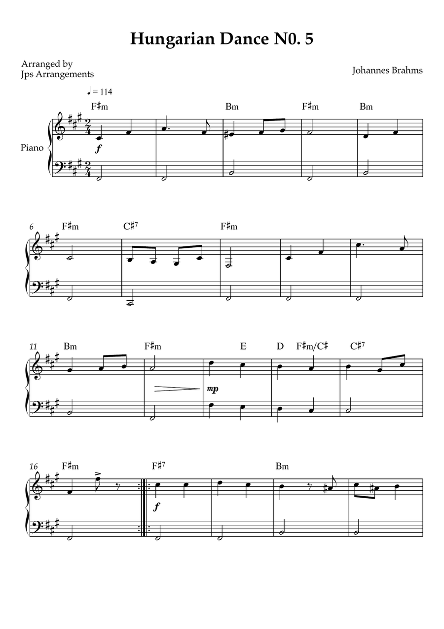 Hungarian Dance No. 5 – Easy Piano (Key of F#m) Easy Piano scores gallery preview page 1