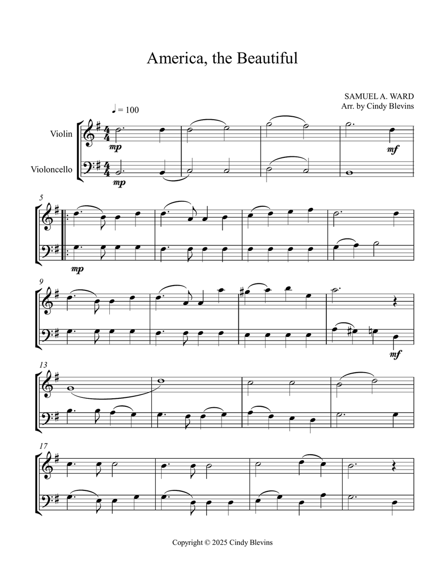 America, the Beautiful, for Violin and Cello String Duet scores gallery preview page 3
