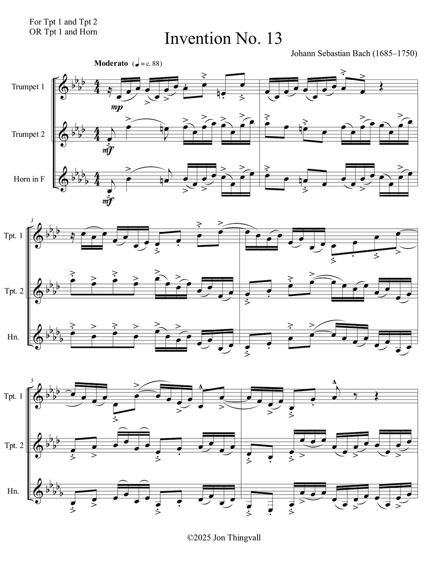Bach Invention 13 for Trumpet Duet, OR for Trumpet and Horn Duet Brass Duet scores gallery preview page 1