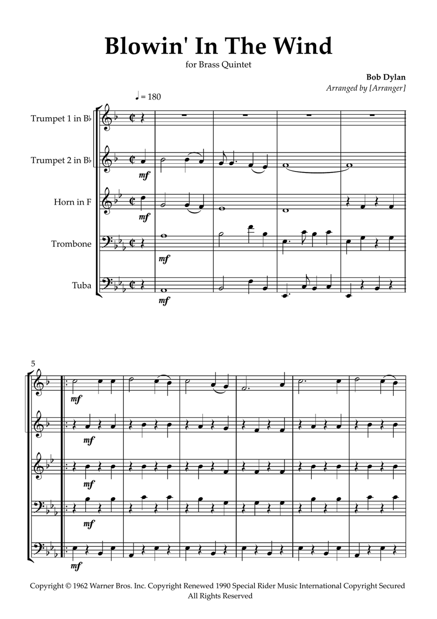Blowin' In The Wind Blowin' In The Wind Brass Quintet scores gallery preview page 2