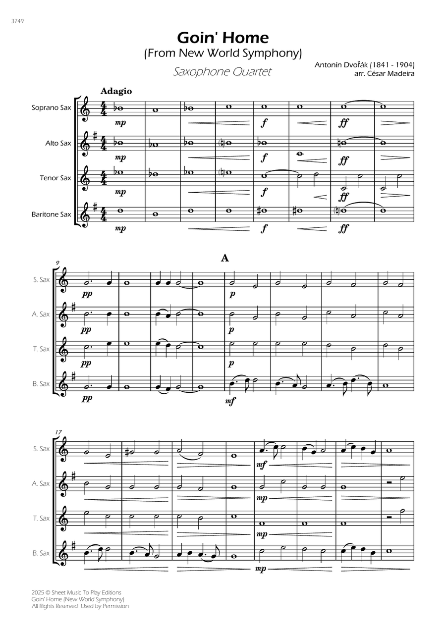 Goin' Home (New World Symphony) - Sax Quartet (Full Score and Parts) Saxophone Quartet scores gallery preview page 3