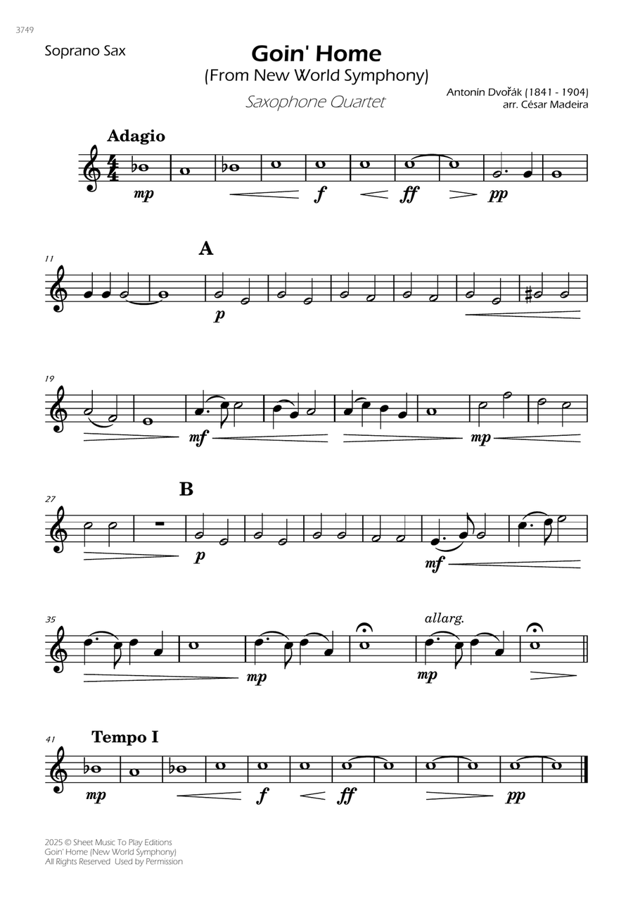 Goin' Home (New World Symphony) - Sax Quartet (Individual Parts) Saxophone Quartet scores gallery preview page 1