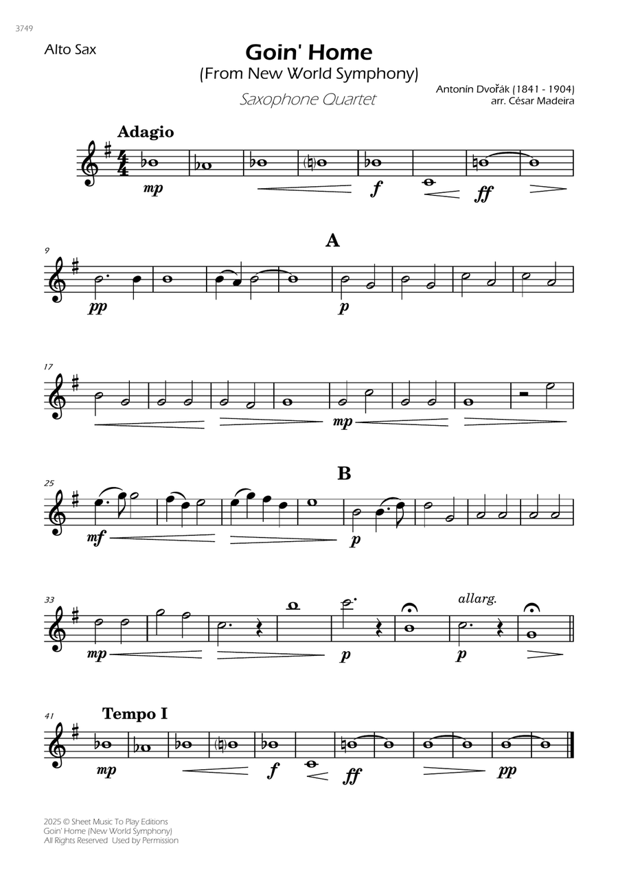Goin' Home (New World Symphony) - Sax Quartet (Individual Parts) Saxophone Quartet scores gallery preview page 2